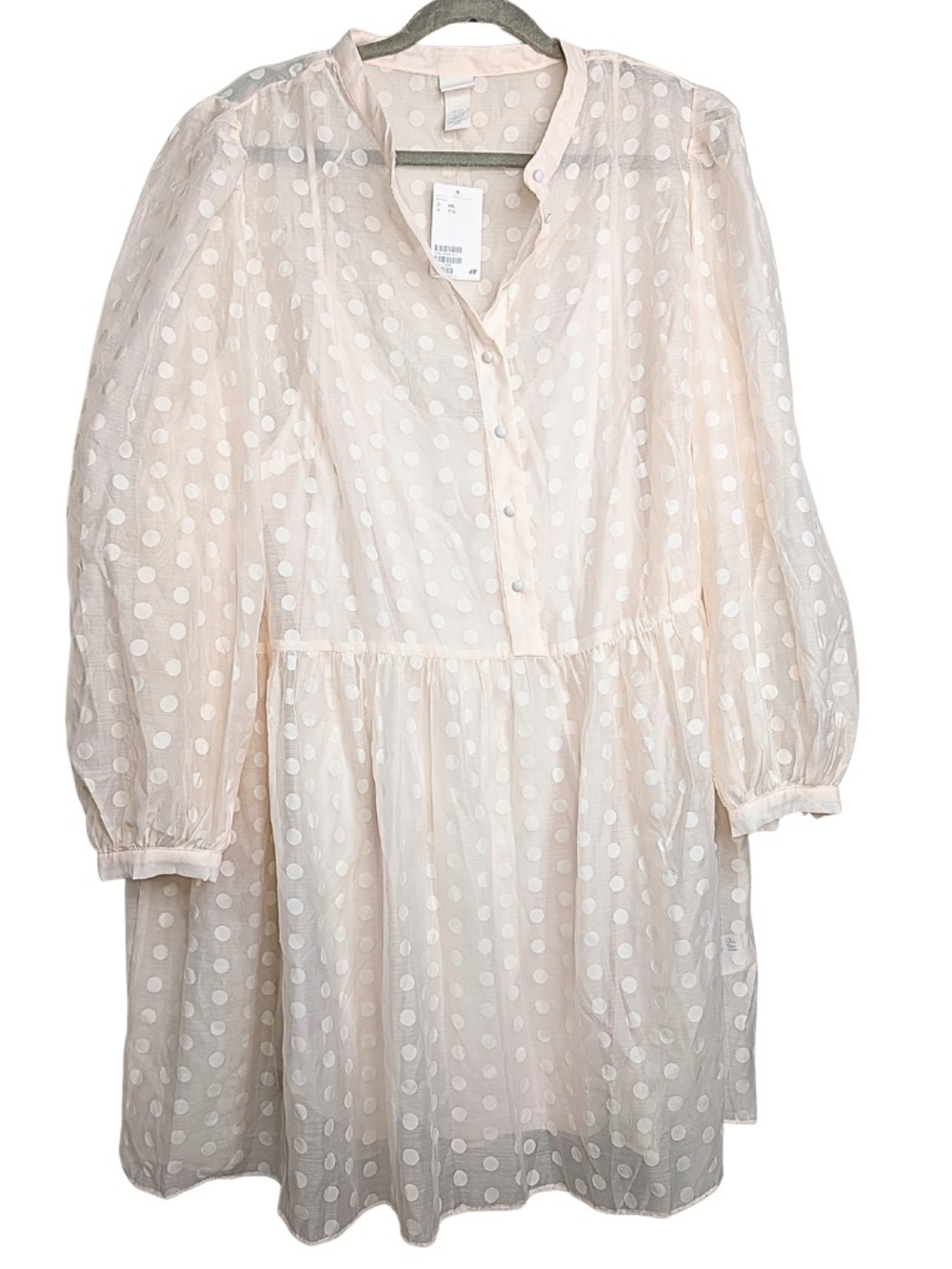 NWT H&M XXL Cream Swiss Dot Babydoll Dress Sheer Long Sleeve Boho Romantic